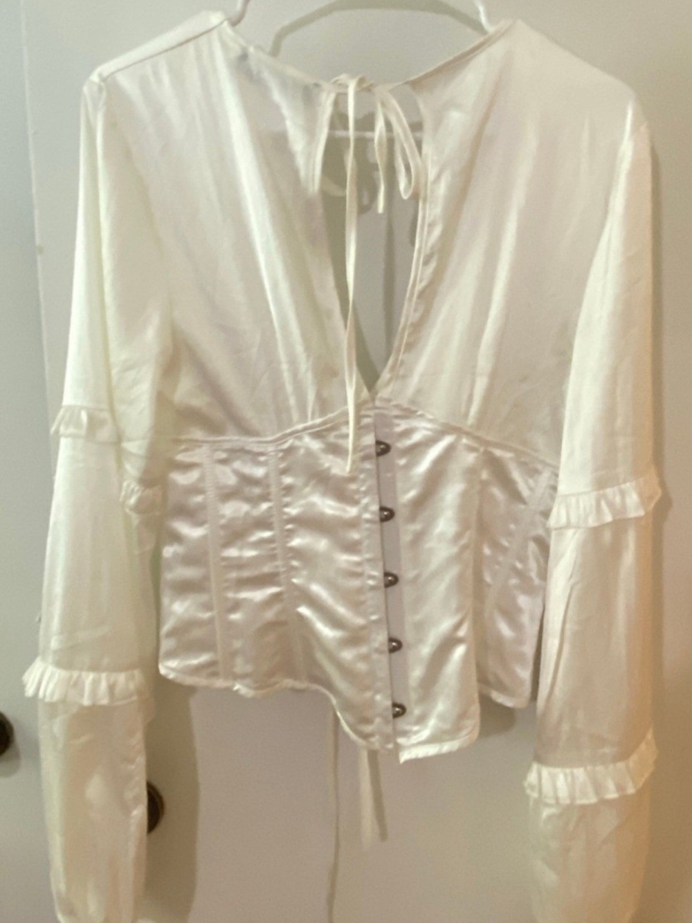 AKIRA Cream Satin Corset Blouse with Ruffle Sleeves